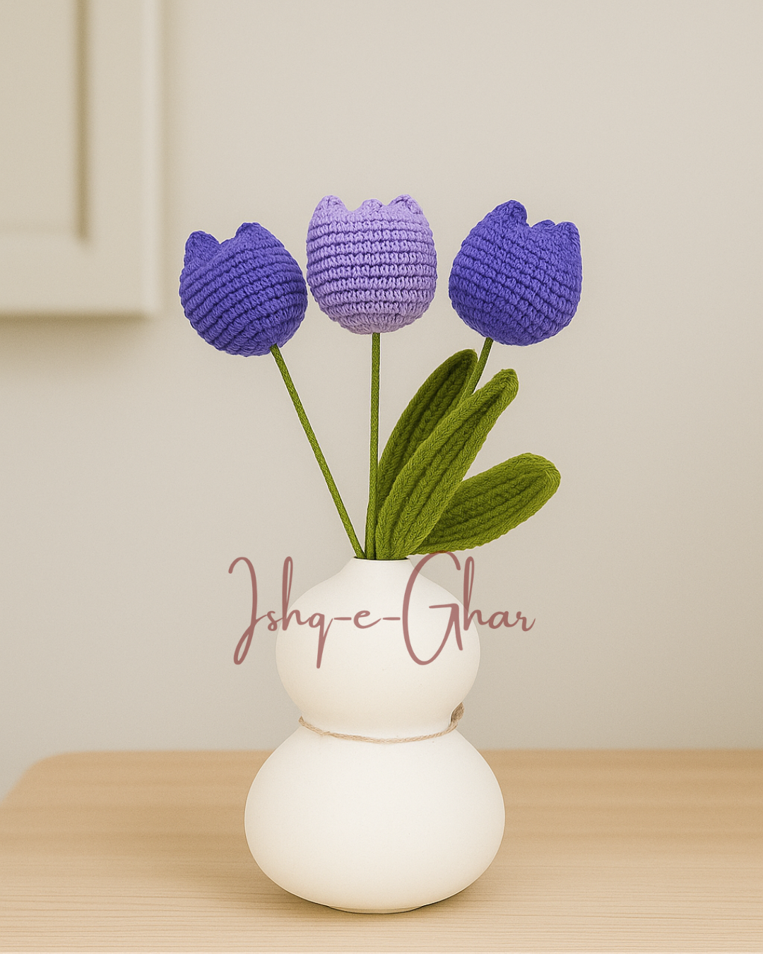 Guldaan White with 3 tulips (2 purple and 1 lavender)
