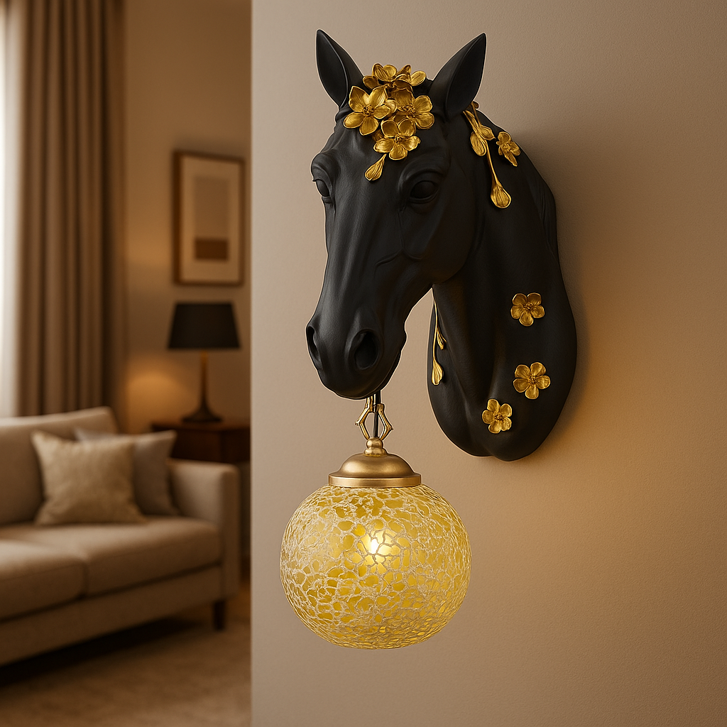 Black & Gold Elegant Black Horse Wall Light