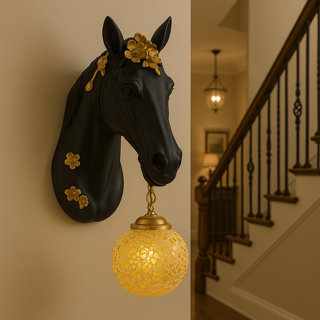 Black & Gold Elegant Black Horse Wall Light